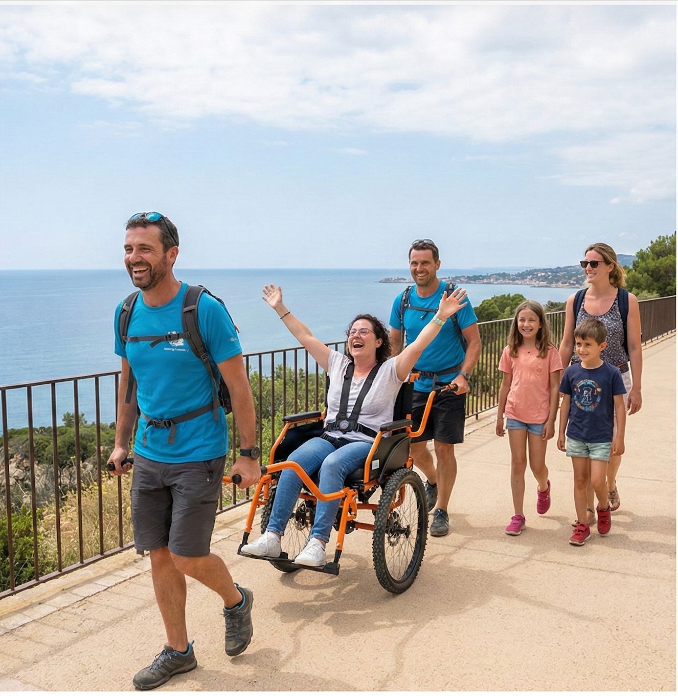 Famille en balade avec fauteuil roulant lors de séjours inclusifs en Occitanie