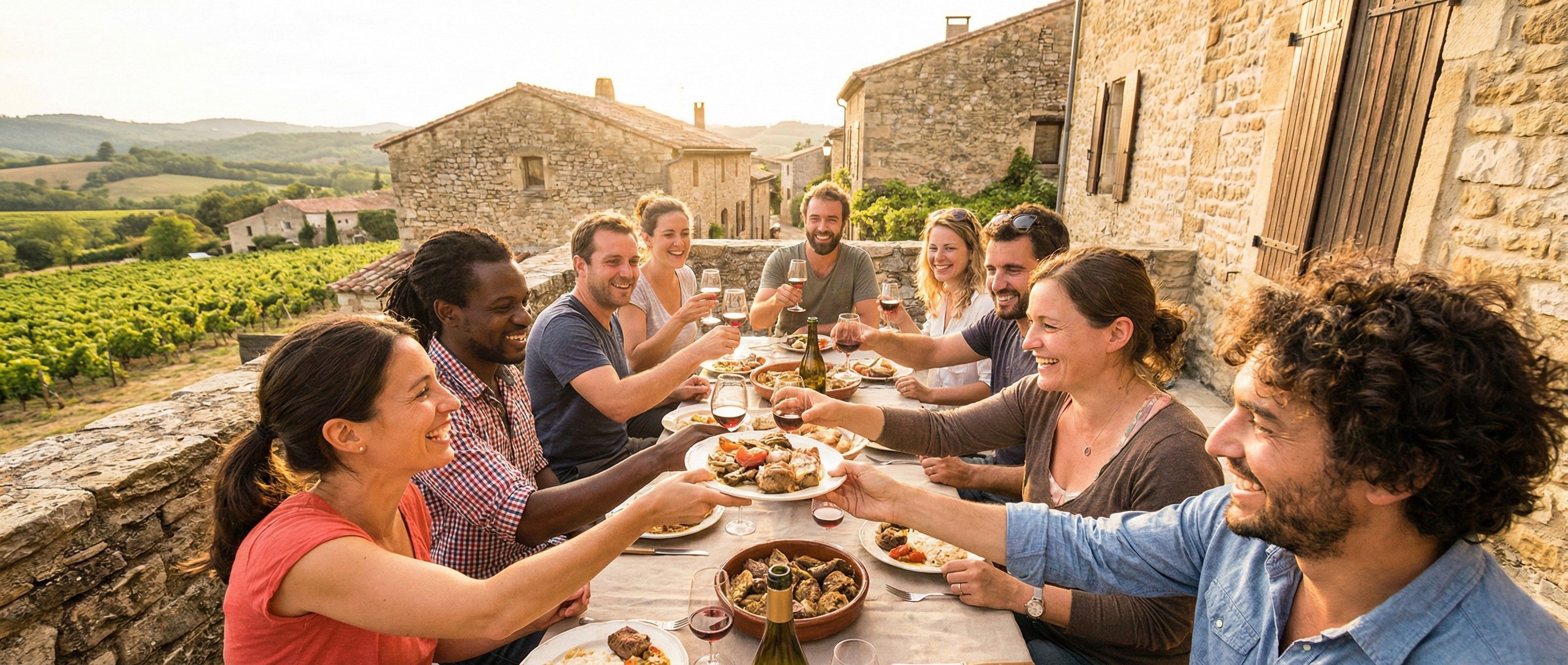 séjours inclusifs en Occitanie chez l'habitant grande tablée dans les vignes Tïss Evasion